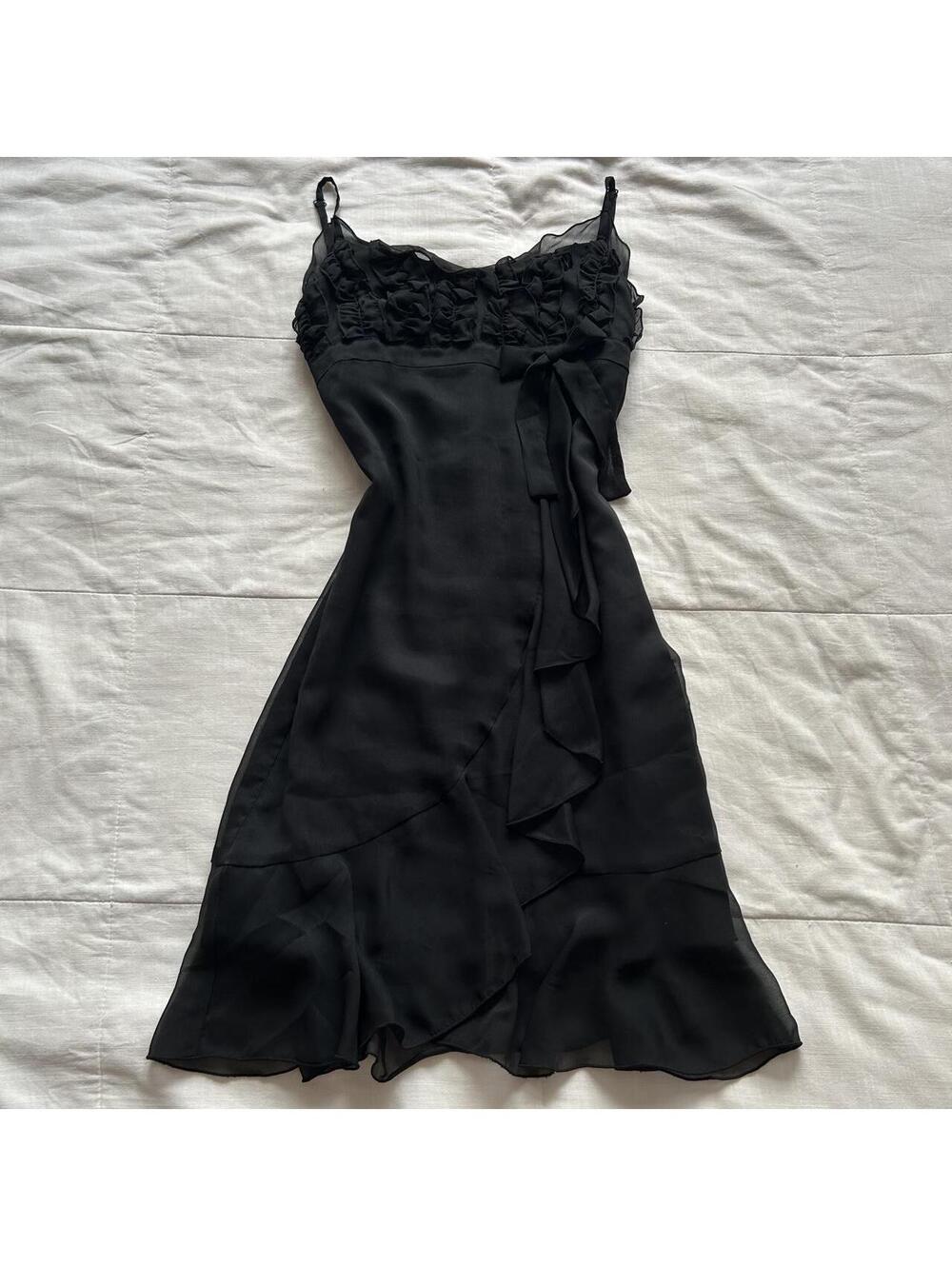 Black Rosette Ruffle Midi Dress Ribbon Bow Asymmetrical Chiffon Hem XS Japan